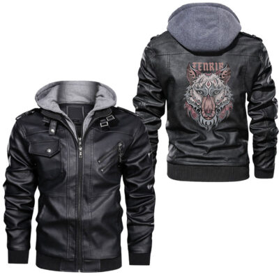 Ligerking - Fenrir Wolf Of Odin Norse Runes Thor Hammer Mjolnir Leather Jacket A35