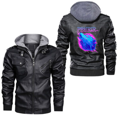 Ligerking - Fenrir Wolf and Moon with Raven Viking graphic Leather Jacket A35