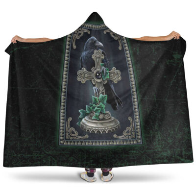 Ligerking Hooded Blanket - Viking Raven Celtic and Cross Green Style Hooded Blanket A35