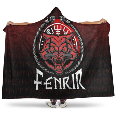 Ligerking Hooded Blanket - Fenrir Wolf Runes Norse Vikings Hooded Blanket A7
