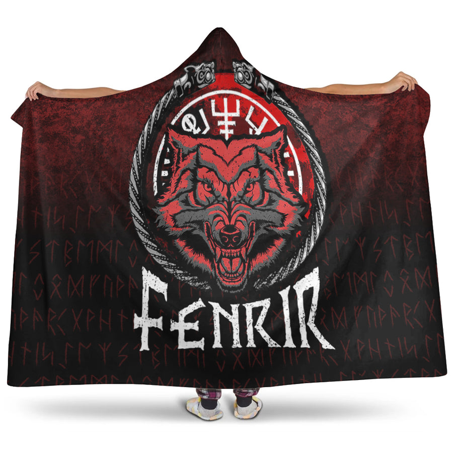 Ligerking Hooded Blanket - Fenrir Wolf Runes Norse Vikings Hooded Blanket A7