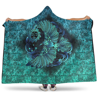 Ligerking Hooded Blanket - Odin's Celtic Raven on the Background Yggdrasil Tree Cyan Celtic Tattoo Hooded Blanket A35