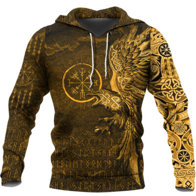Ligerking Hoodie - Vegvisir With Raven - Viking Compass - Gold Version Warship Hoodie A7
