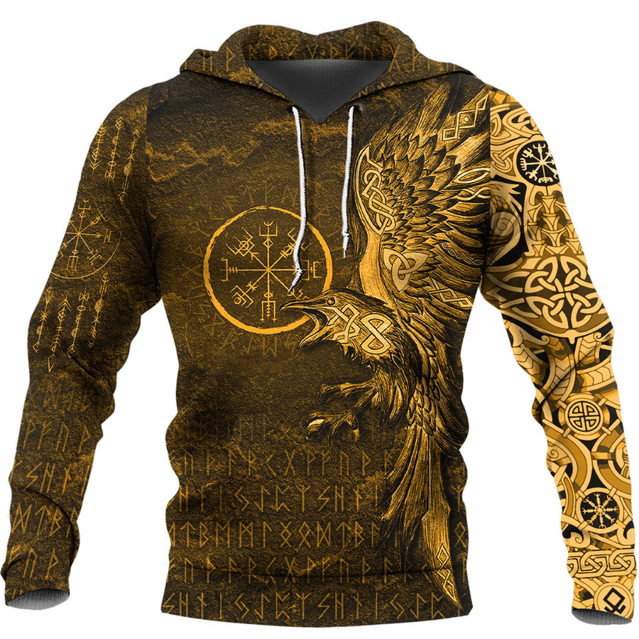 Ligerking Hoodie - Vegvisir With Raven - Viking Compass - Gold Version Warship Hoodie A7