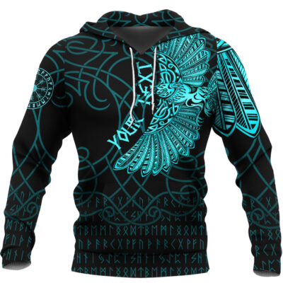 (Custom) Ligerking Hoodie - Viking Odin's Celtic Ravens - Cyan Version Tattoo Hoodie A7
