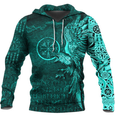 Ligerking Hoodie - Vegvisir With Raven - Viking Compass Hoodie - Cyan Version A7