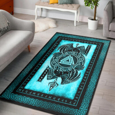 Ligerking Area Rug - Huginn and Muninn Raven Valknut Cyan Area Rug A35