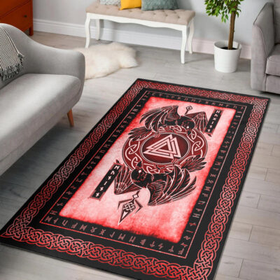 Ligerking Area Rug - Huginn and Muninn Raven Valknut Red Area Rug A35