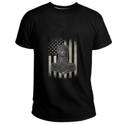 Ligerking Clothing (Custom) - Mjolnir Hammer American Viking Flag Basic T-Shirt A35