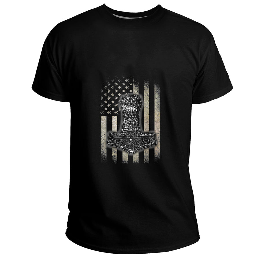 Ligerking Clothing (Custom) - Mjolnir Hammer American Viking Flag Basic T-Shirt A35