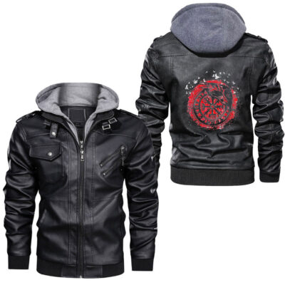 Ligerking - Norse Symbol Celtic Compass Vegvisir Viking Valknut Leather Jacket A35