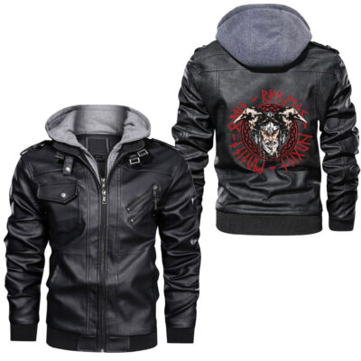 Ligerking - Odin Valhalla Wolf Raven Viking Norse Pagan Gungnir Premium Leather Jacket A35