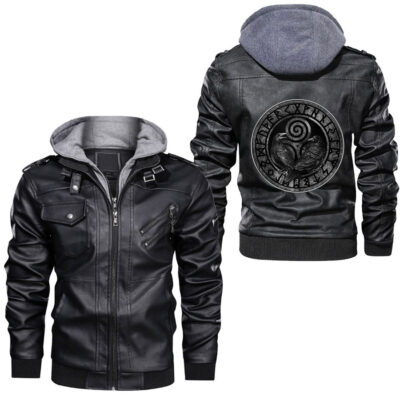 Ligerking - Odins Ravens Huginn and Muninn VEGVISIR Mjolnir Valknut Leather Jacket A35