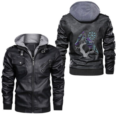 Ligerking - Odin's Ravens Runes Trinity Viking Norse Pagan Huginn Muninn Leather Jacket A35