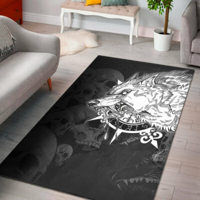 Ligerking Area Rug - Fenrir Wolf Skull and Sun Vegvisir Area Rug A35