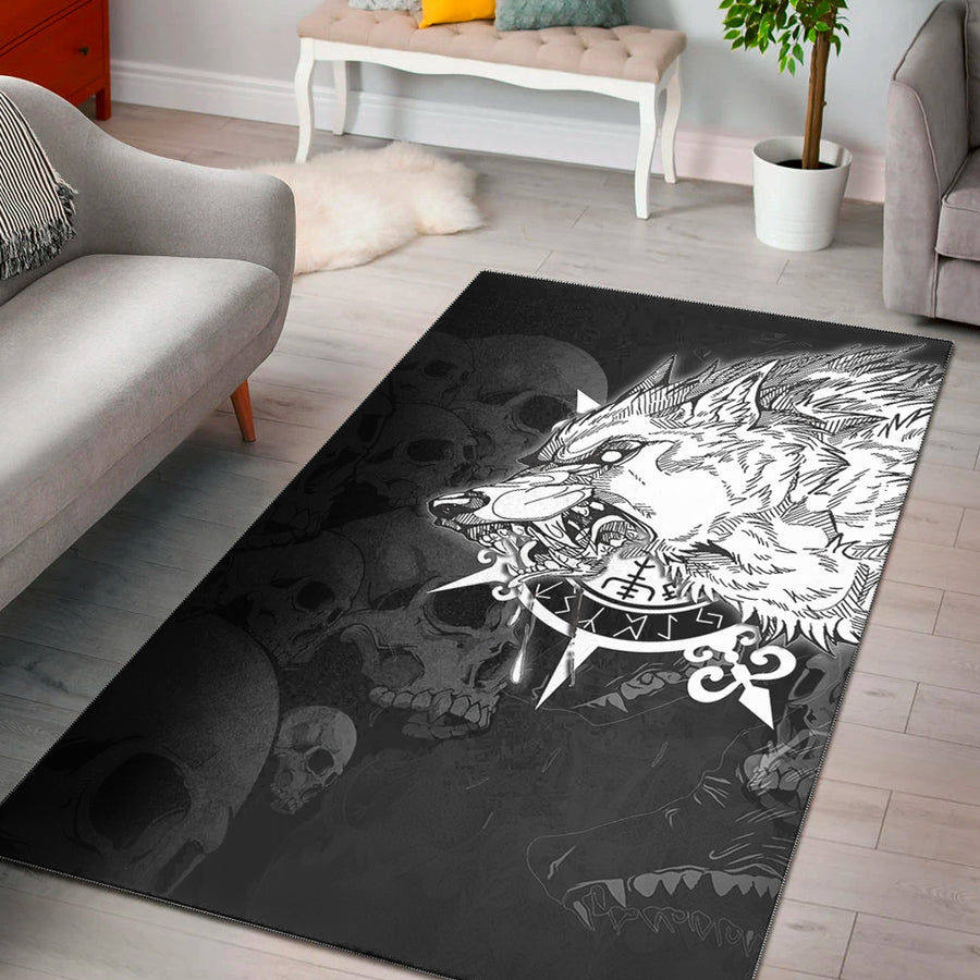 Ligerking Area Rug - Fenrir Wolf Skull and Sun Vegvisir Area Rug A35