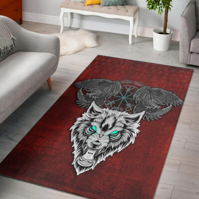 Ligerking Area Rug - Fenrir Hugin and Munin Green Vegvisir Rune Area Rug A35