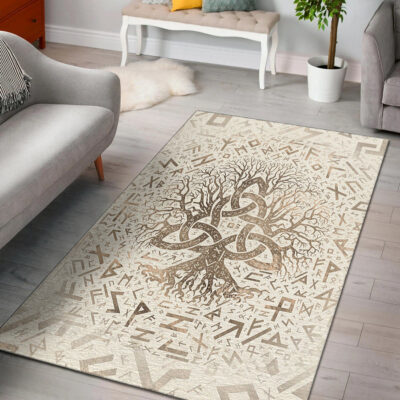Ligerking Area Rug - Tree of Life with Triquetra and Futhark Pastel Gold Area Rug A7