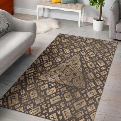 Ligerking Area Rug - Triquetra & Runic Alphabet Wood and Gold Area Rug A7