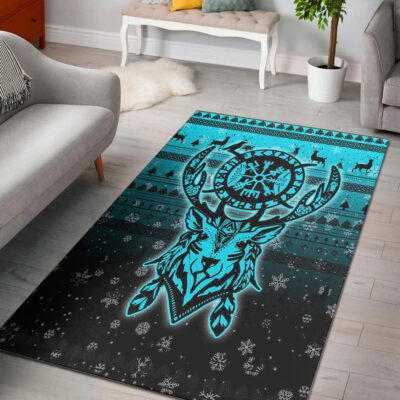 Ligerking Area Rug -Viking Reindeer Vegvisir Cyan Area Rug A94