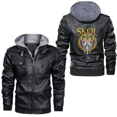 Ligerking - Skol Nordic Scandinavian Warrior Viking Helmet Leather Jacket A35