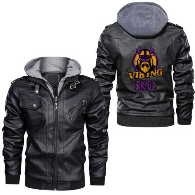 Ligerking - Skol Vikings With Helmet and Beard Distressed Leather Jacket A35