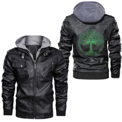 Ligerking - Viking Celtic Knotwork Triple Horn Of Odin Leather Jacket A35