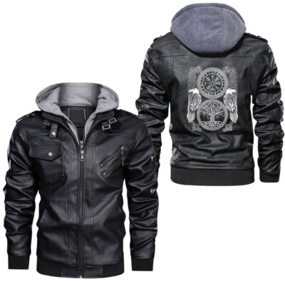 Ligerking - Vegvisir Compass Raven Odins World Ash Tree Nordic Leather Jacket A35