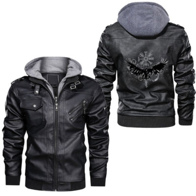 Ligerking - Vegvisir Viking Compass Raven Odins World Ash Tree Nordic Leather Jacket A35