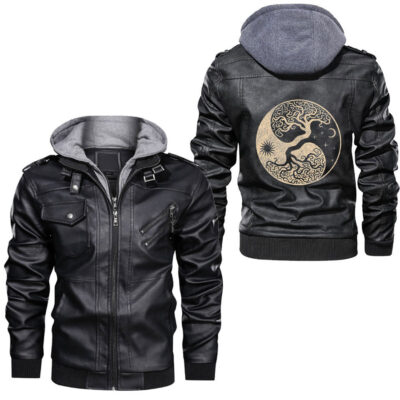 Ligerking - Viking Odin Raven Huginn & Muninn Scandinavian Mythology Leather Jacket A35