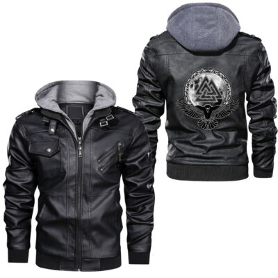Ligerking - Viking Rune With Raven And Wolf Viking Ship Leather Jacket A35