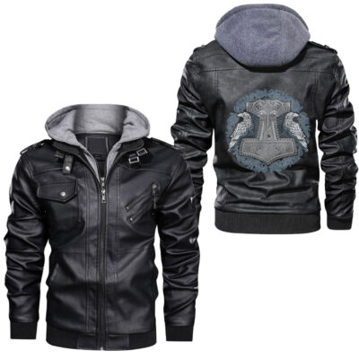 Ligerking - Viking Thors Raven Hammer Pagan Norse Red Leather Jacket A35