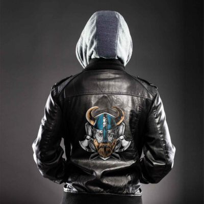 Ligerking - Viking Odin Head Ornament Nordic Leather Jacket A35