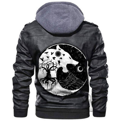 Ligerking - Wolf Swallowing Of The Moon World Tree Raven Leather Jacket A35