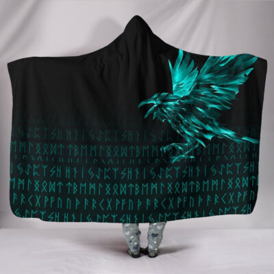 Ligerking Hooded Blanket - The Raven Of Odin Rune Cyan A27
