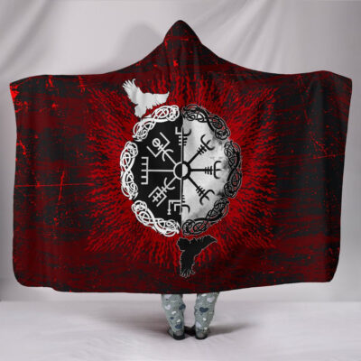 Ligerking - Hooded Blanket Raven of Odin and Symbol Viking on Blood Background A27