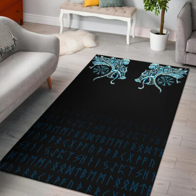 Ligerking Area Rug, Fenrir Raven And Vegvisir Tattoo Cyan A31