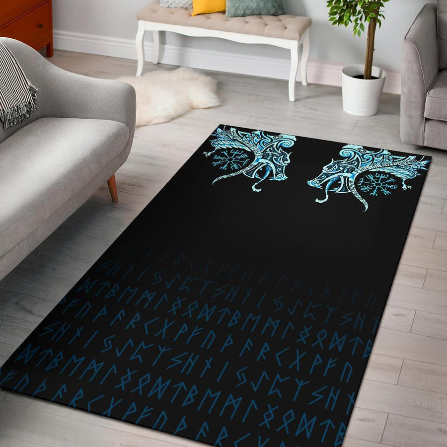 Ligerking Area Rug, Fenrir Raven And Vegvisir Tattoo Cyan A31
