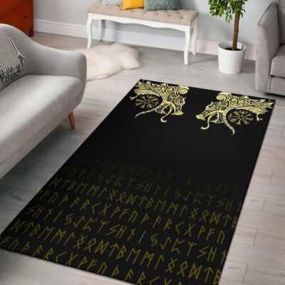 Ligerking Area Rug, Fenrir Raven And Vegvisir Tattoo Yellow A31