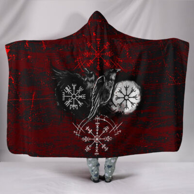 Ligerking - Hooded Blanket Raven of Odin and Symbol Viking on Blood Background A27
