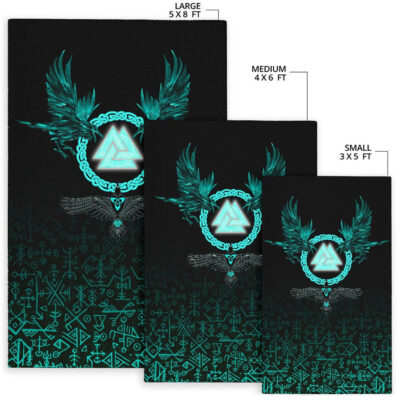 Viking Area Rug Three Raven and Valknut Cyan A27