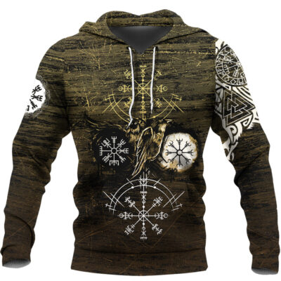 Ligerking - Hoodie Raven of Odin and Symbol Viking on Gold Background A27