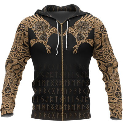 Ligerking Zip Hoodie - The Raven Of Odin Tattoo Special Gold A35