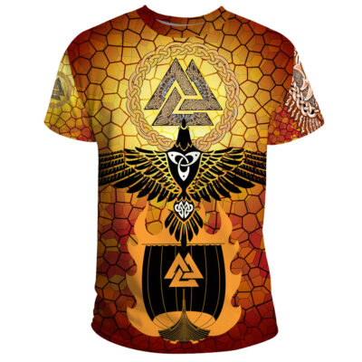 Ligerking T-Shirt - Raven Of Odin And Drakkar On Fire On Vignette Gold Valknut A27