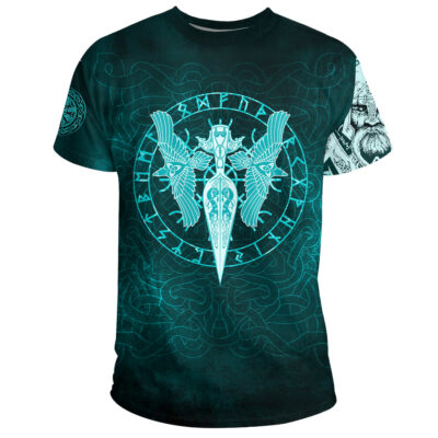 Ligerking T-Shirt - Cyan Spear Of The God Odin - Gungnir And Two Cyan Ravens Style A27
