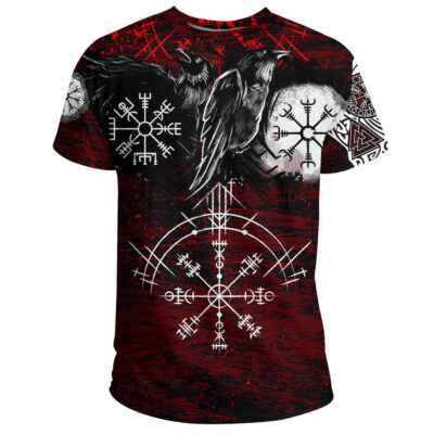 Ligerking - T-Shirt Raven of Odin and Symbol Viking on Blood Background A27